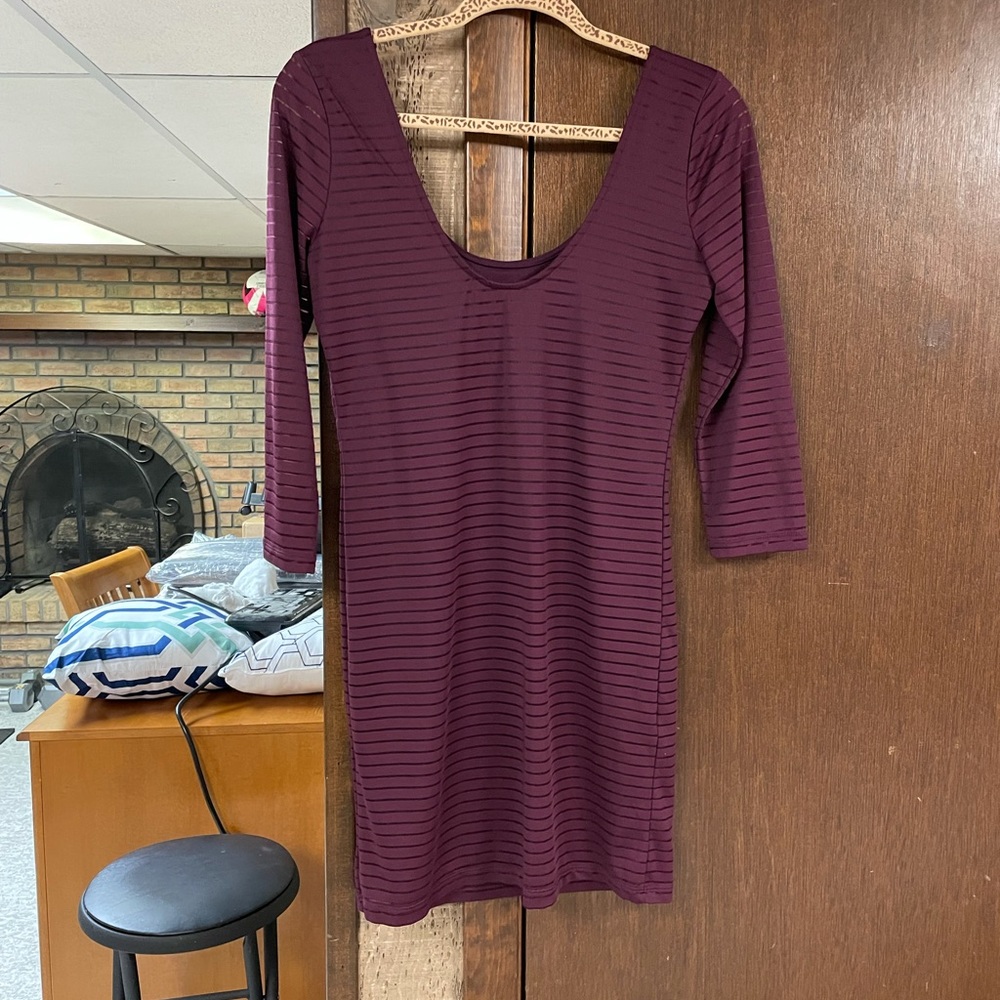 3/4 length sleeve dress. Maroon with metallic stripes